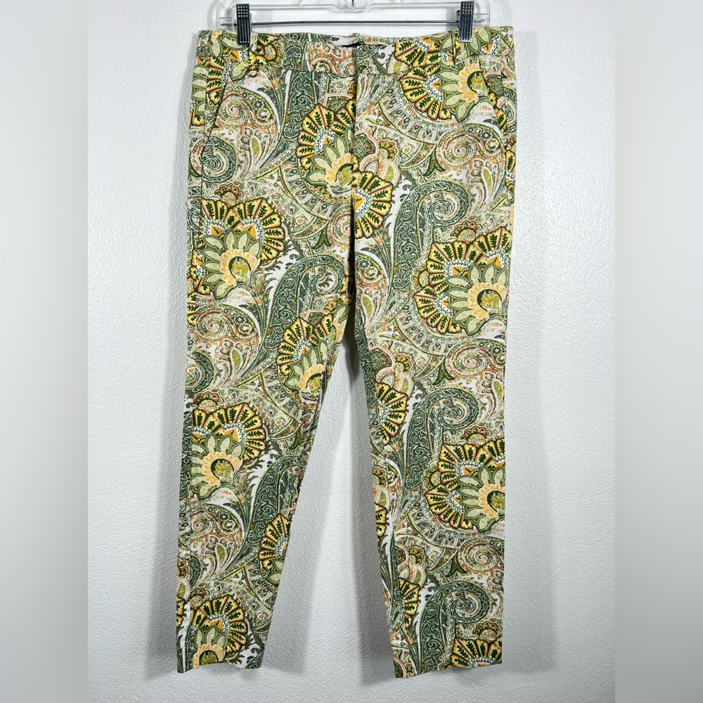 Zara Basic Womens Floral Paisley Green Yellow Crop Ankle Pants Size 8